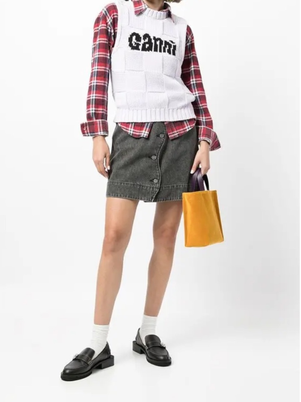 Ganni Scallop Placket Button-Front Washed Black Denim Skirt